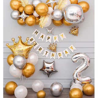 Set bong bóng trang trí sinh nhật cho bé 2 tuổi cùng dây cờ HPBD trắng, bóng hình, bong bóng xinh xắn kèm keo YBHP-007