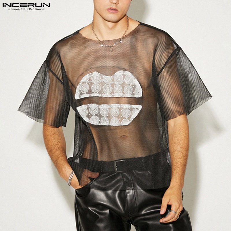 Áo thun INCERUN ngắn tay phối ren xuyên thấu họa tiết đôi môi quyến rũ cho nam