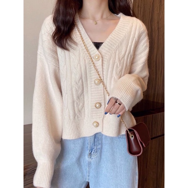 Áo khoác len cadigan cúc ngọc dáng ngắn nhiều màu, len mịn hàng Quảng Châu