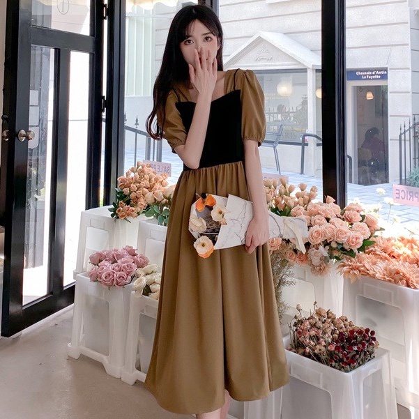 Đầm Ngắn Tay Cổ Vuông Giả Hai Lớp Thời Trang Mùa Hè
