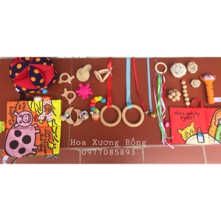 Combo sét cầu mây, gặm nướu, xúc xắc gỗ, vòng gỗ,