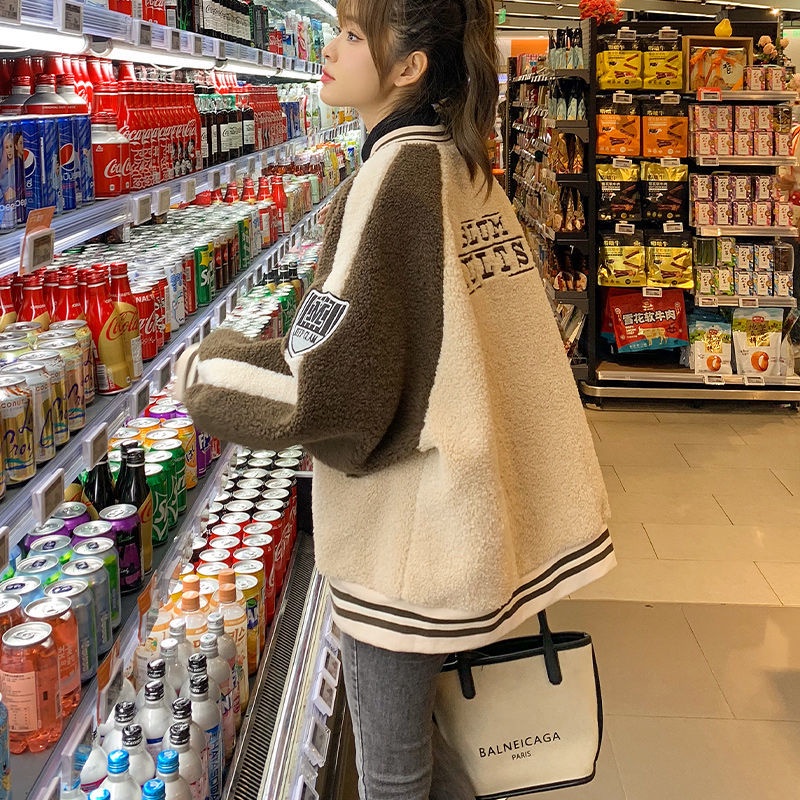 Áo Khoác Bóng Chày Vải Len Lông Cừu Phối Màu Sắc Tương Phản Thời Trang Thu Đông Cho Nữ