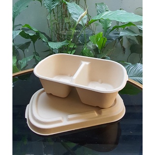 50 Hộp bã mía Oval 2 ngăn nắp bã mía
