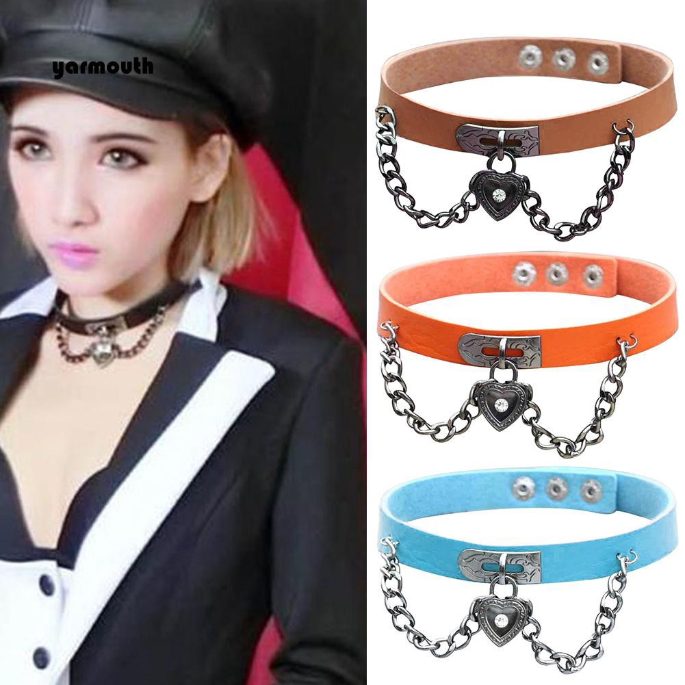 Vòng Choker đeo cổ bằng da giả mặt trái tim phối dây móc xích thời trang cho nữ