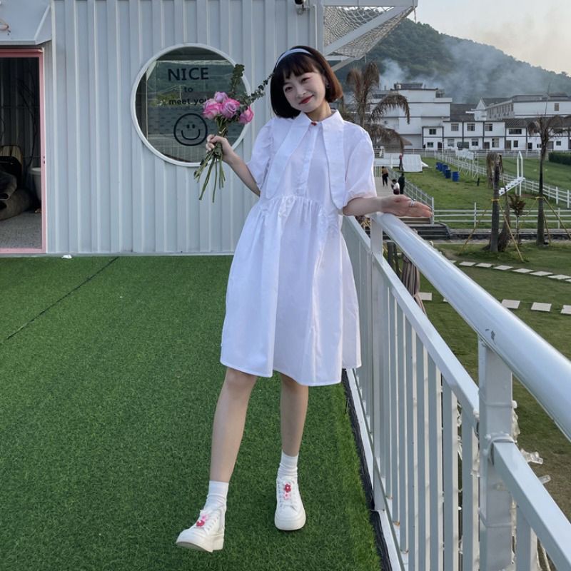 [Order] (K4) Váy đầm sơ mi Hàn Quốc dáng xòe dễ thương màu xanh - trắng loại đẹp