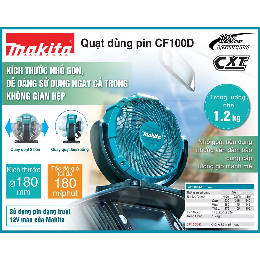 Quạt dùng pin và điện Makita 12V CF100DZ ( Không pin sạc).