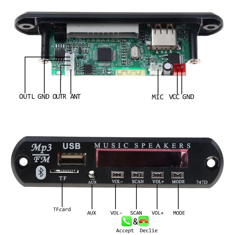 Máy nghe nhạc Mp3 Bluetooth hỗ trợ gọi rảnh tay hỗ trợ thẻ nhớ TF cổng USB 3.5mm AUX 5V-12V