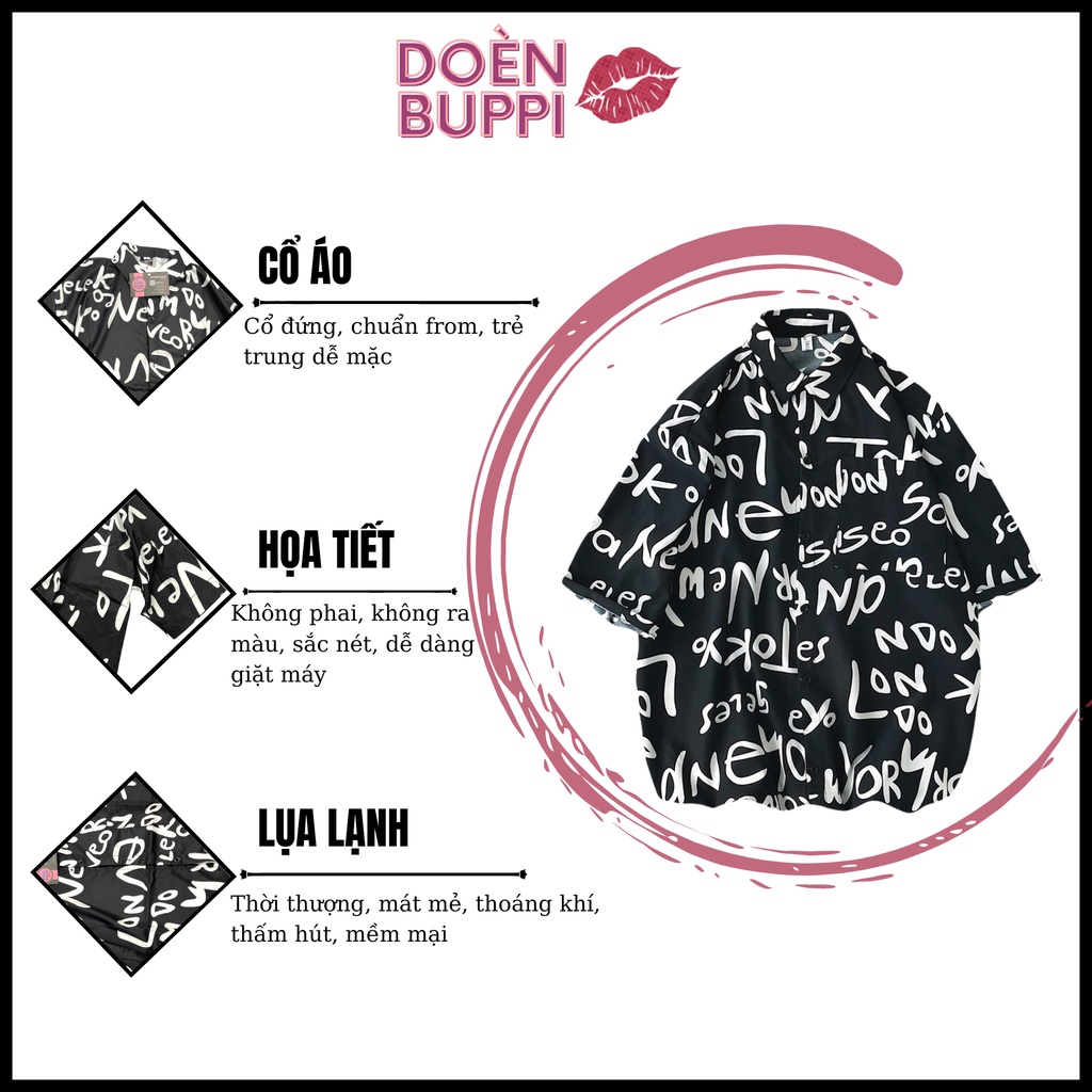 Áo sơ mi ngắn tay unisex nam nữ, cổ đứng, vải lụa lạnh nhập khẩu thoáng mát, Đen hoạ tiết chữ trắng OKNY - DOÈNBUPPI