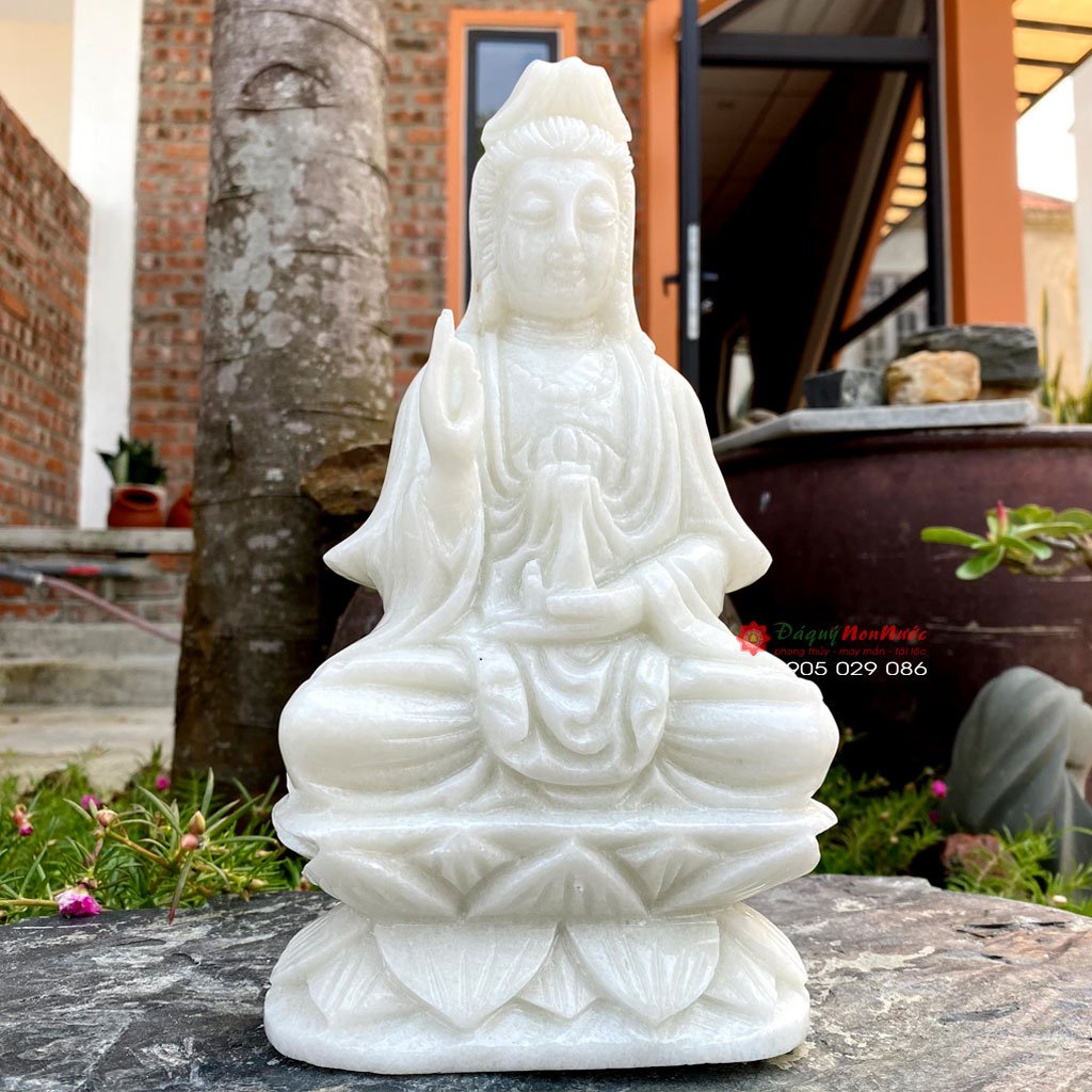 Tượng phật quan âm bồ tát ngồi đá trắng 25cm