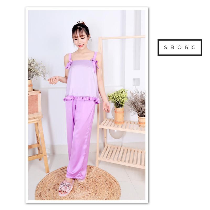 Đồ bộ mặc nhà SBORG đồ ngủ 2 dây lụa satin nơ vai viền bèo cute quần dài ống rộng freesize dưới 56kg quà tặng vợ fly sun