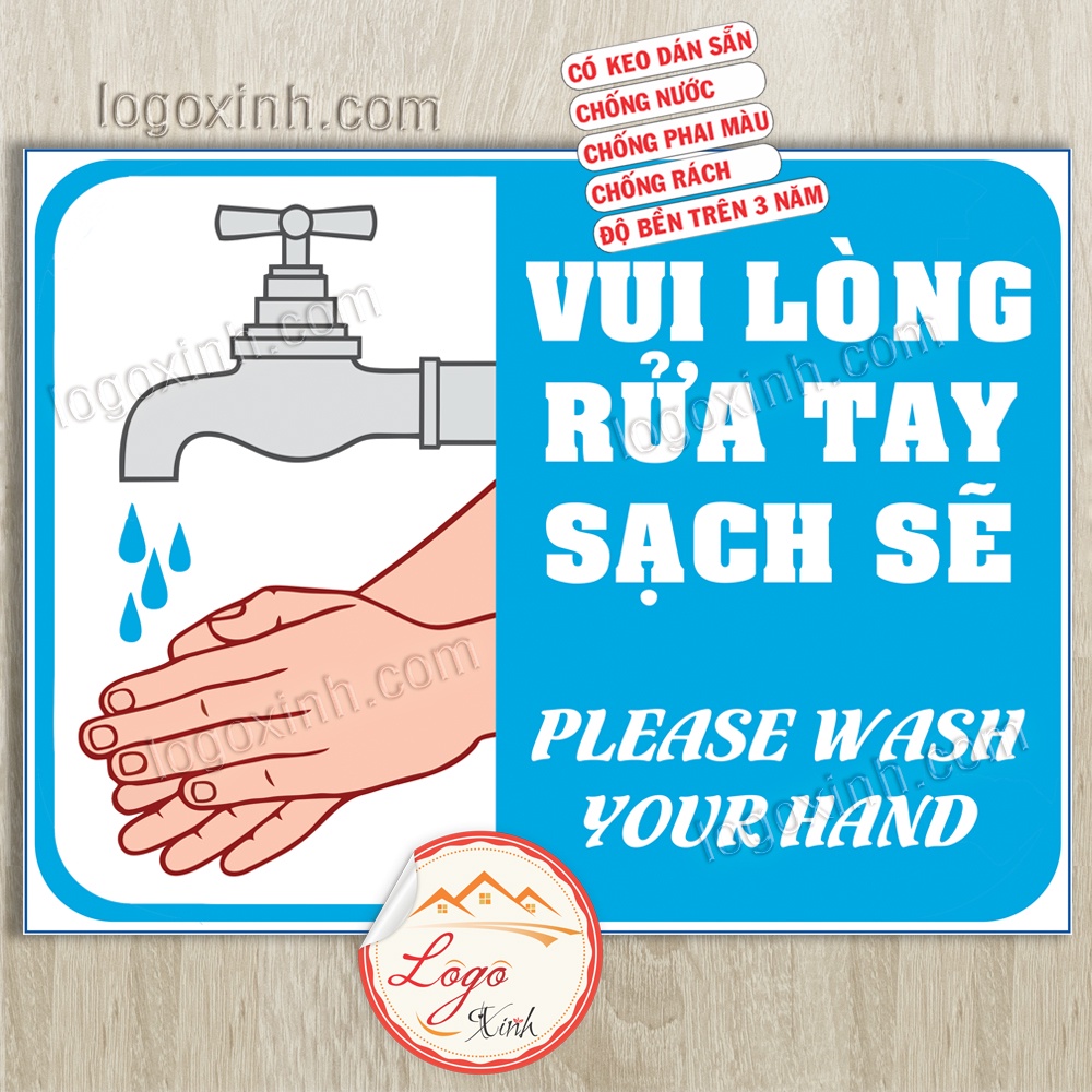 LOGO TEM STICKER YÊU CẦU RỬA TAY SẠCH SẼ, GIỮ VỆ SINH TAY ĐỂ PHÒNG CHỐNG LÂY LAN DỊCH COVID 19, PLEASE WASH YOUR HAND