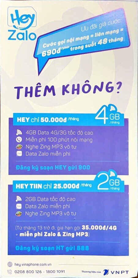 Sim 4G HEY ZALO VINAPHONE Dùng Zalo, Zing miễn phí và có 4Gb data hàng tháng