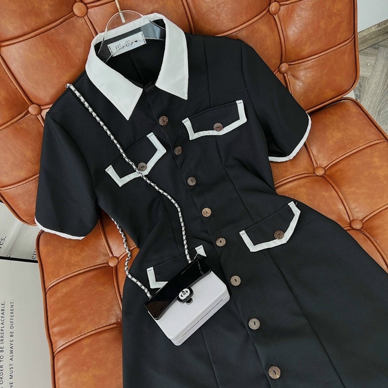 ĐẦM l ĐEN CỔ SƠ MI VIỀN TRẮNG TÚI NẮP