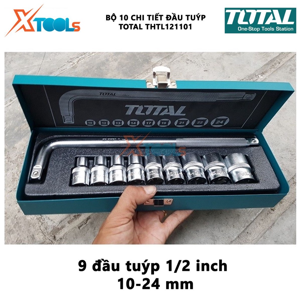 Bộ tuýp lục giác cần L 10 chi tiết TOTAL THTL121101 Bộ 10 chi tiết tuýp lục giác 9 đầu tuýp 1/2 inch từ 10-24mm tay cầm