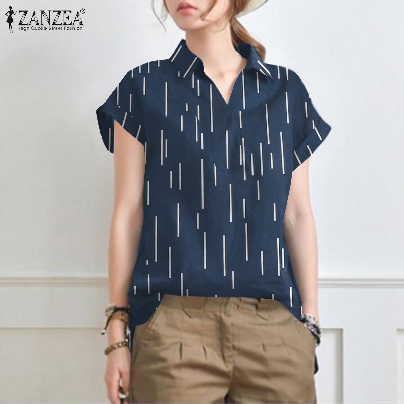 Áo sơ mi ZANZEA tay ngắn cổ bẻ in họa tiết kẻ sọc thời trang cho nữ