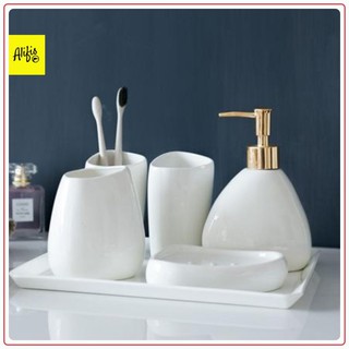 Bộ đồ dùng nhà tắm 5 món trắng bằng sứ