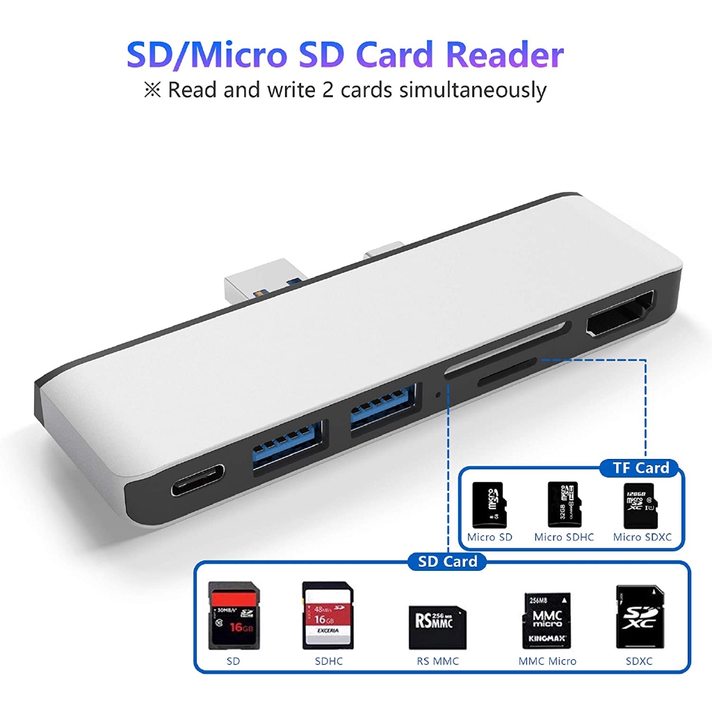 Surface Pro 7 Dock USB C Hub, Đế nhôm 6 trong 2 Microsoft Surface Pro 7 với Bộ chuyển đổi HDMI 4K + Cổng truyền dữ liệu &amp; âm thanh USB C + 2 USB 3.0 + Đầu đọc thẻ SD / TF, Bộ chuyển đổi