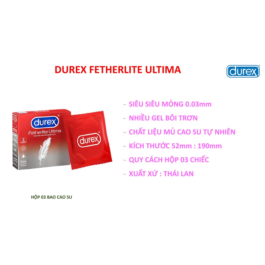 [BAO CAO SU DUREX] Bao cao su Siêu Mỏng Durex Fetherlite Ultima hộp 3 cái siêu mỏng vô hình cho tình say đắm