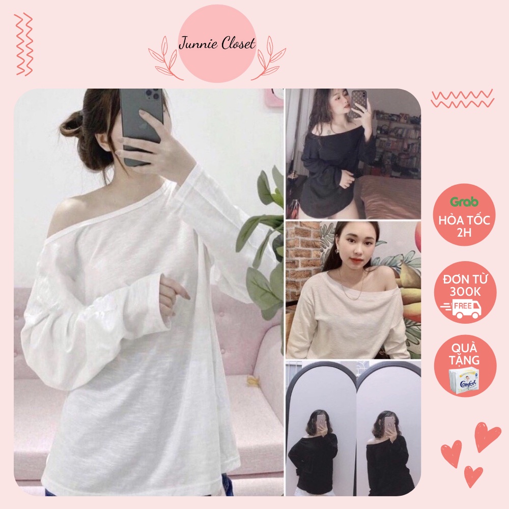 Áo kiểu nữ lệch vai Junnie Closet 2 màu - Áo trễ vai phong cách ulzzang Hàn Quốc