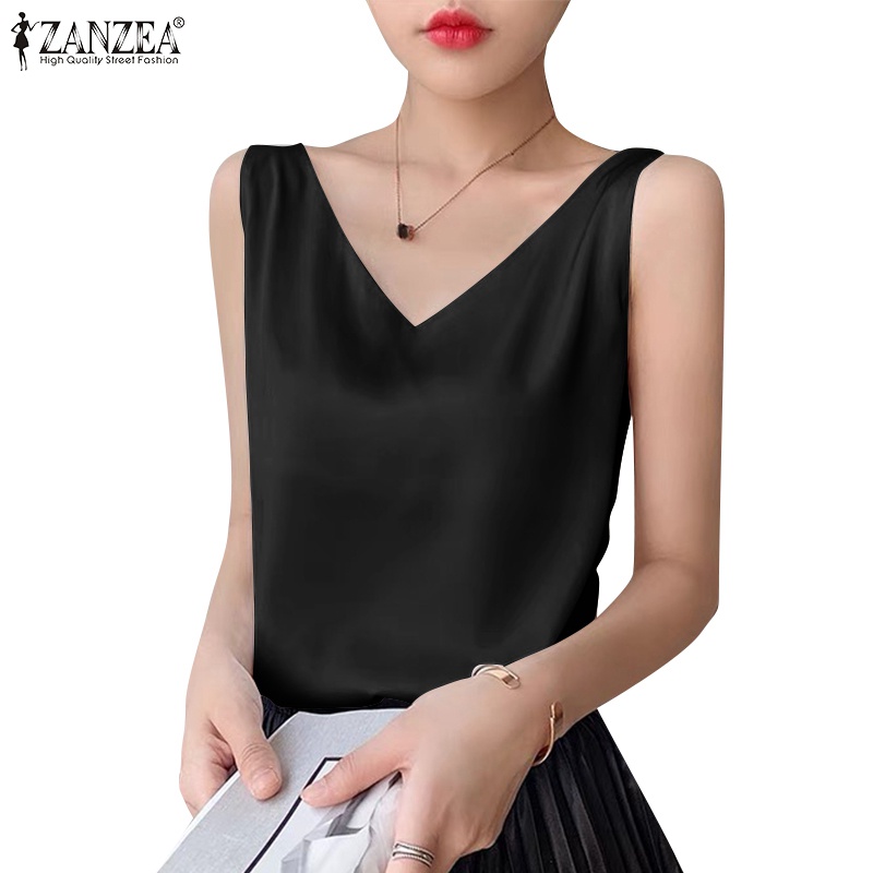 Áo lụa satin Zanzea sát nách cổ chữ V màu trơn thời trang cho nữ
