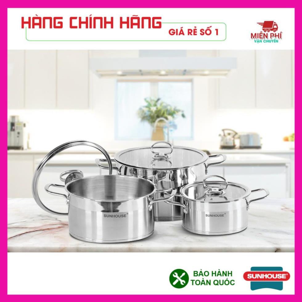 Bộ nồi Sunhouse Mama SH784, Bộ nồi inox Sunhouse SH784, đáy dùng cho bếp từ, 3 nồi kích thước: 16cm, 20cm, 24cm.