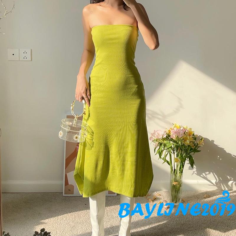 Đầm Ống Dài Không Dây Màu Trơn Thanh Lịch Thời Trang Mùa Hè Cho Nữ