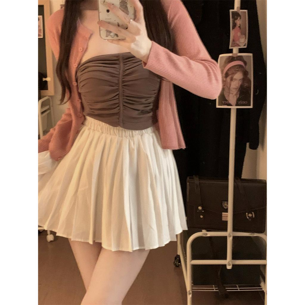 Xiaozhainv Chân Váy Chữ A Lưng Cao Xếp Ly Màu Sắc Đơn Giản Phong Cách Hàn Quốc Cho Nữ