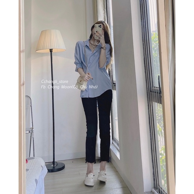 Sơ mi xanh cúc chéo phối quần jean ống đứng(ảnh thật shop chụp) | BigBuy360 - bigbuy360.vn