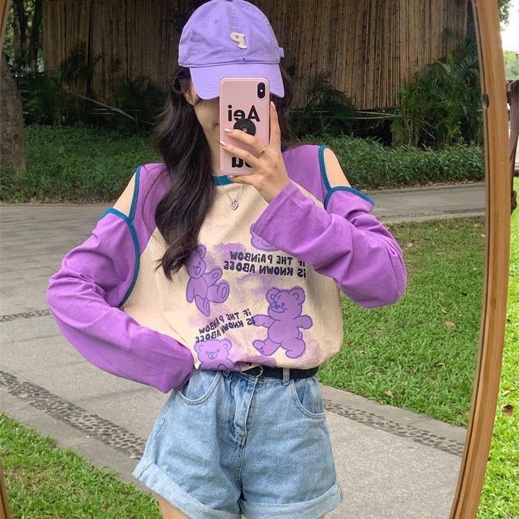 Áo Thun Tay Dài Dáng Rộng Hở Vai In Hình Gấu Phong Cách Hàn Quốc Cho Nữ