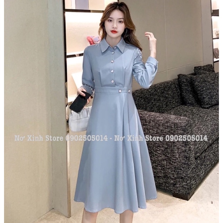 VÁY SƠ MI TAY DÀI CÔNG SỞ XANH VINTAGE, đầm nữ mặc đi làm dự tiệc 2 lớp cao cấp Nơ Xinh Store