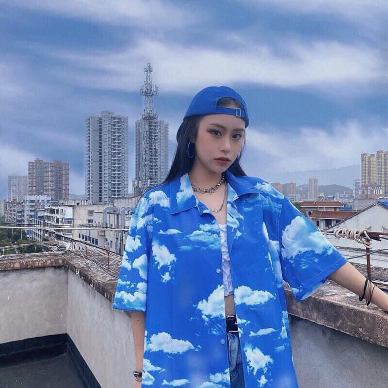 Áo sơ mi Bape nam nữ form rộng tay lỡ in họa tiết loang bầu trời oversize