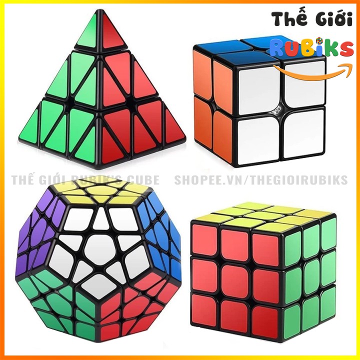 Set 4 Khối Rubik Sticker Viền Đen QiYi 2x2 3x3 Pyraminx Tam Giác, Megaminx 12 Mặt.  Hàng Đẹp, Giá Rẻ