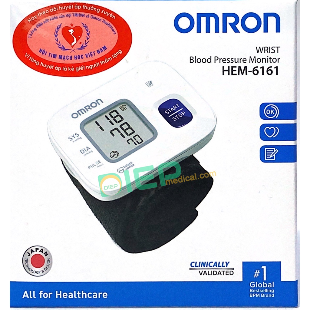 ✅ OMRON HEM-6161 - Máy đo huyết áp cổ tay tự động Omron HEM 6161, cảnh báo loạn nhịp tim (Chính hãng Omron - Nhật Bản)