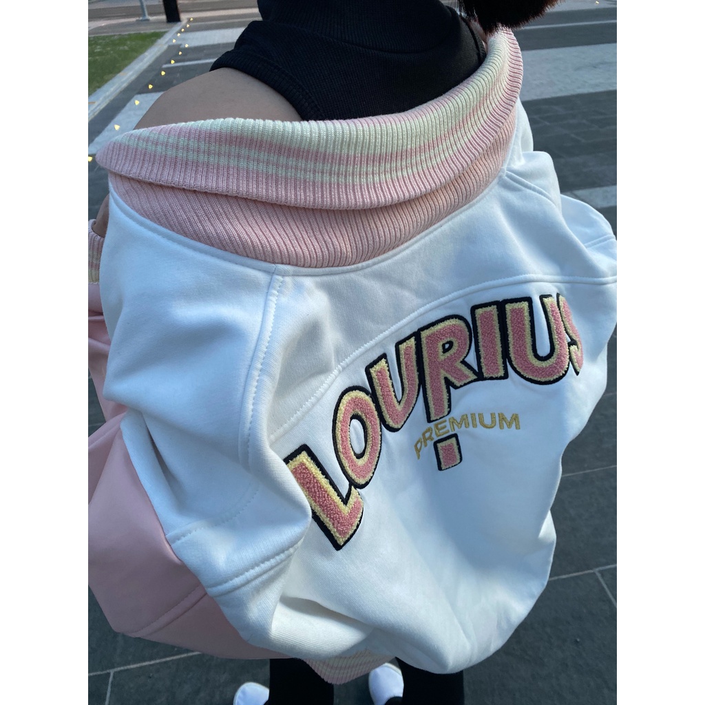 Áo Khoác Unisex Varsity Limited Chất Cotton Siêu Dày Màu Hồng Trắng Phối Tay Da