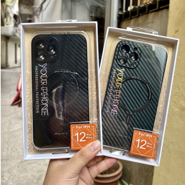 Ốp lưng PAIKA lưng cứng vân cacbon viền dẻo hỗ trợ sạc magsafe không dây cao cấp iPhone X XS 11 12 13 PRO MAX