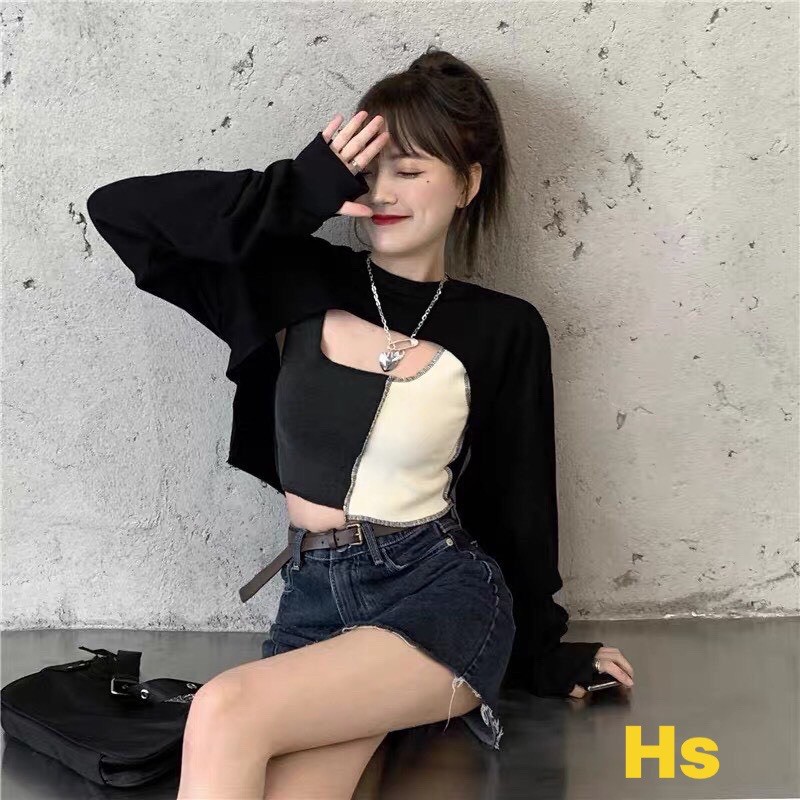 Bộ Áo Croptop Nữ Phối Màu Đen Trắng 🦋 Set Áo Croptop Dài Tay Kèm Áo Trong 2 Màu 🦋