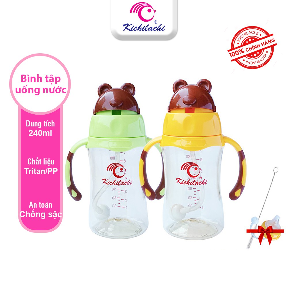 Bình tập uống nước cho bé Kichilachi Tritan 240ml có vòi hút và núm ty cho bé từ 6 tháng trở lên