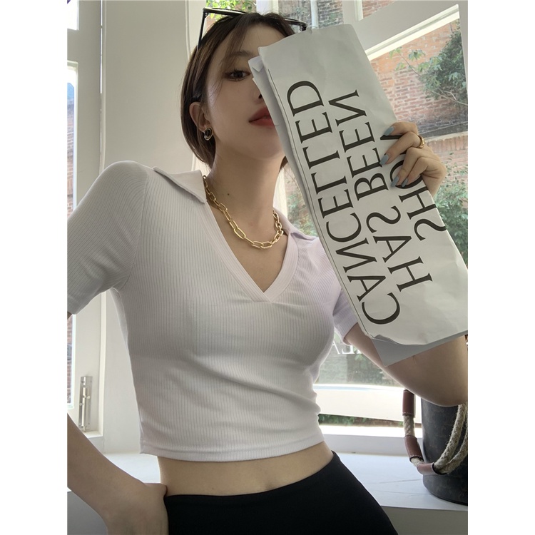 QKOOLE Áo polo  tay ngắn dáng ôm phong cách Hàn Quốc cổ điển thời trang cho nữ