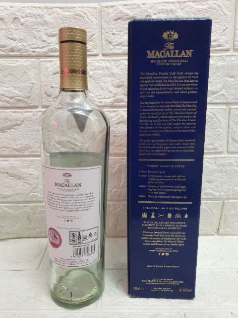 Vỏ chai rượu ngoại Macalan Gold  dùng cho trang trí nhà cửa quầy bar phòng trà phòng khách.tủ kệ giá quầy hàng trang trí