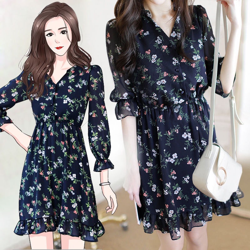 Đầm Voan Hoa Tay Dài / Tay Lửng Nhấn Eo Thời Trang Xuân Thu 2020 Mới