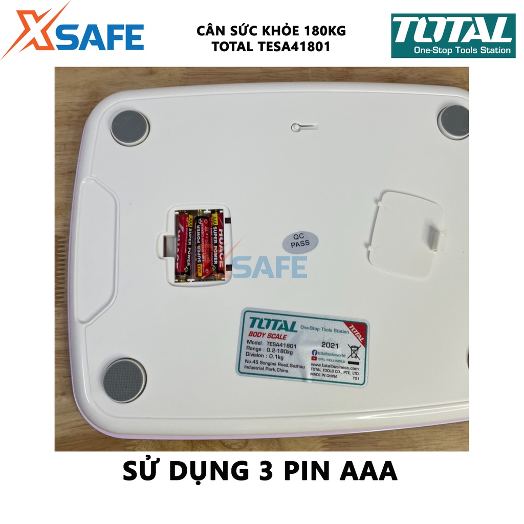 Cân điện tử TOTAL TESA41801 Cân sức khỏe 180kg kích thước 260x320mm, nguồn pin sử dụng 3 pin AAA, phạm vi cân 0.2-180kg