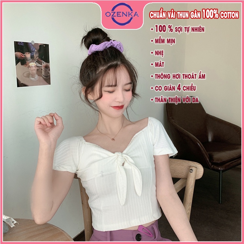 Áo croptop ngắn tay cánh tiên nữ OZENKA , áo thun ôm trễ vai gợi cảm nữ tính thun gân 100% cotton đen trắng dưới 50kg