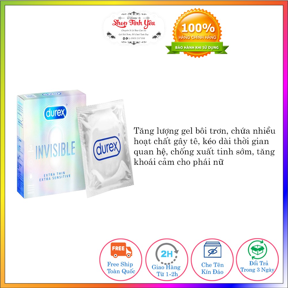 [Siêu Ôm Sát, Cảm Giá Như Không Dùng] Bao Cao Su Siêu Mỏng Durex InvisibleL(hộp 3 chiếc) Giữ Lửa Cuộc Yêu