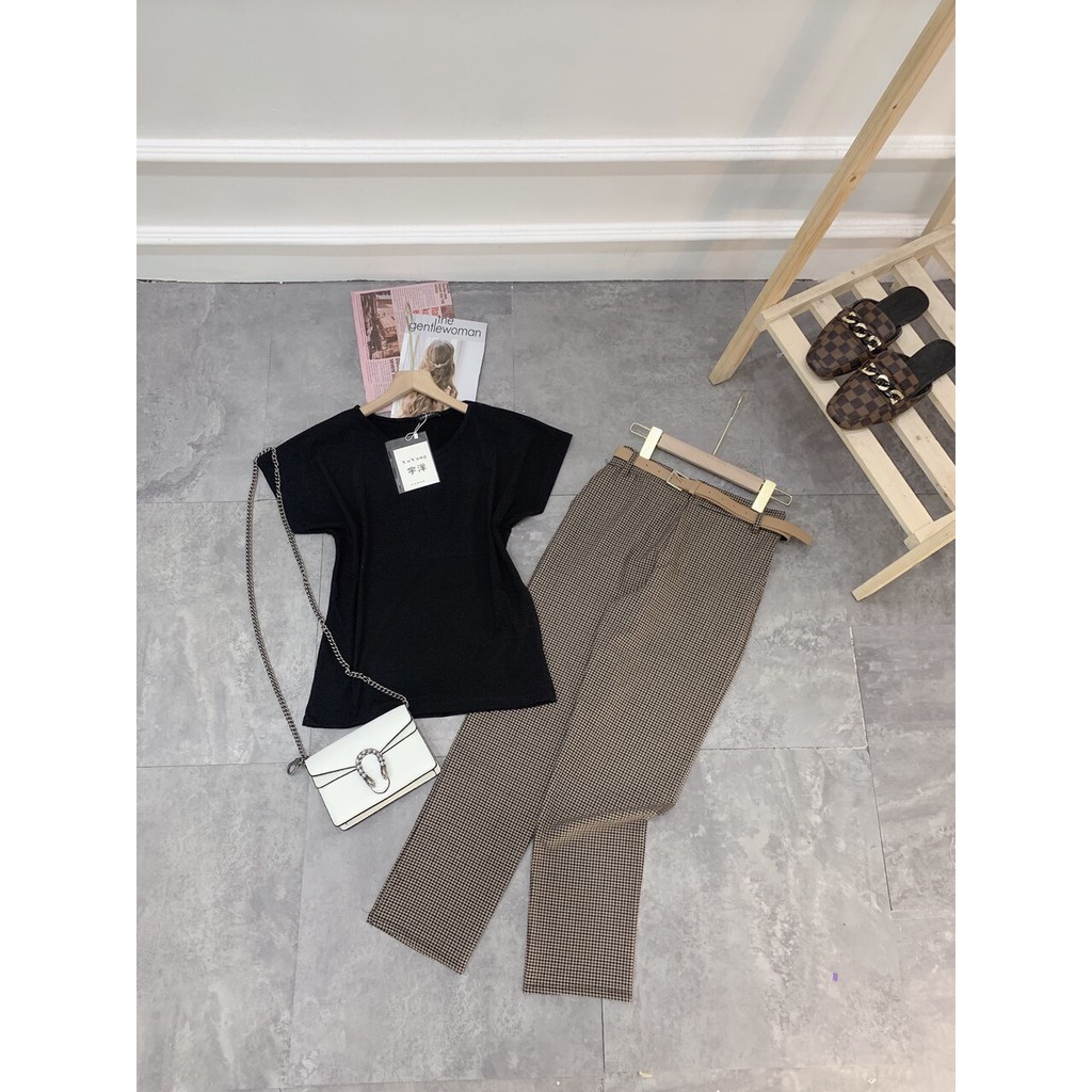 Set Áo Pull Đen Cổ Tim Mix Quần Kẻ Caro Suông [Sale Kịch Sàn] | BigBuy360 - bigbuy360.vn