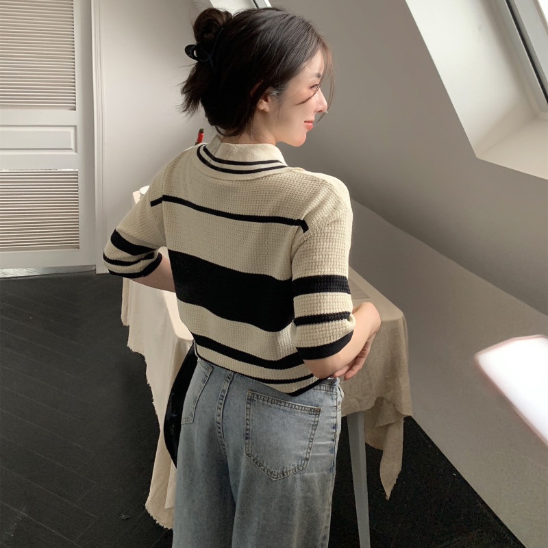 Áo Thun Polo Dệt Kim Tay Ngắn Dáng Rộng Kẻ Sọc Ngang Trẻ Trung Hợp Thời Trang