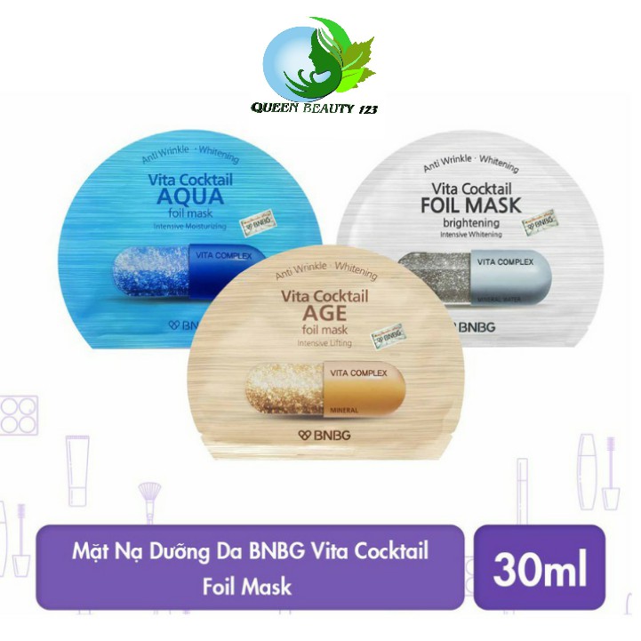 Combo 5 Mặt nạ lá nguyên khối dưỡng da ẩm mượt BNBG Vita Cocktail Aqua Foil Mask - Moisturizing.màu xanh