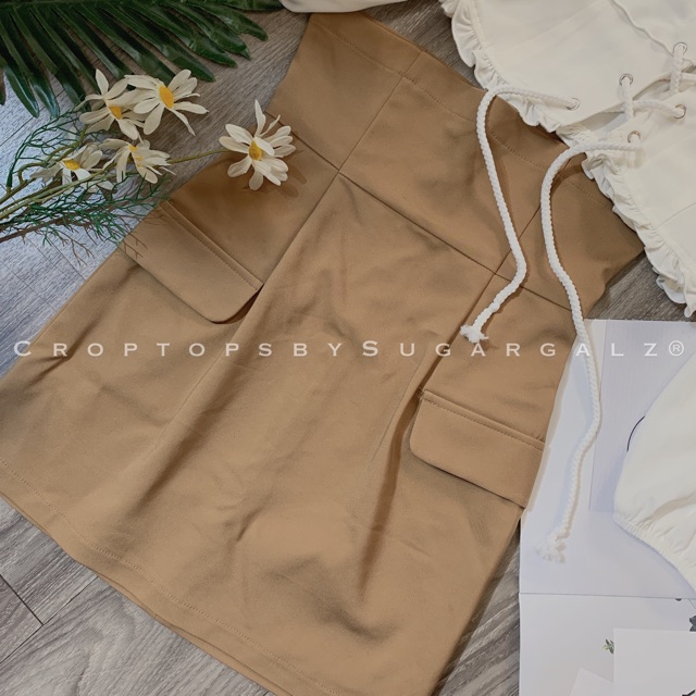 [Ảnh thật] Chân váy cạp siêu cao kéo chân hack chiều cao 2 nắp túi kaki chun nâu - by SugarG