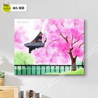 Tranh sơn dầu số hóa tự tô Chùa bên hoa anh đào T808