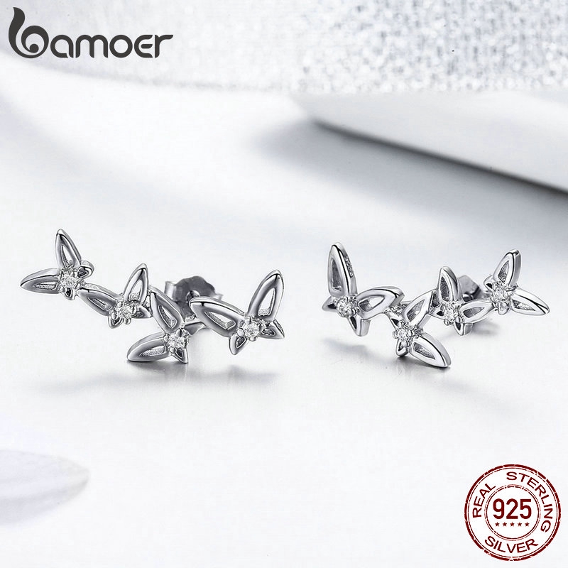 BAMOER Bông Tai bạc 925 Hình Bướm Đơn Giản Thời Trang BSE056