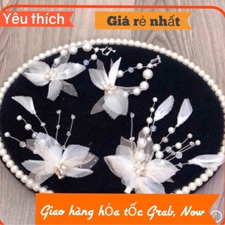 Sét 2 Cài Tóc Cô Dâu kèm hoa tai xếp ly màu trắng